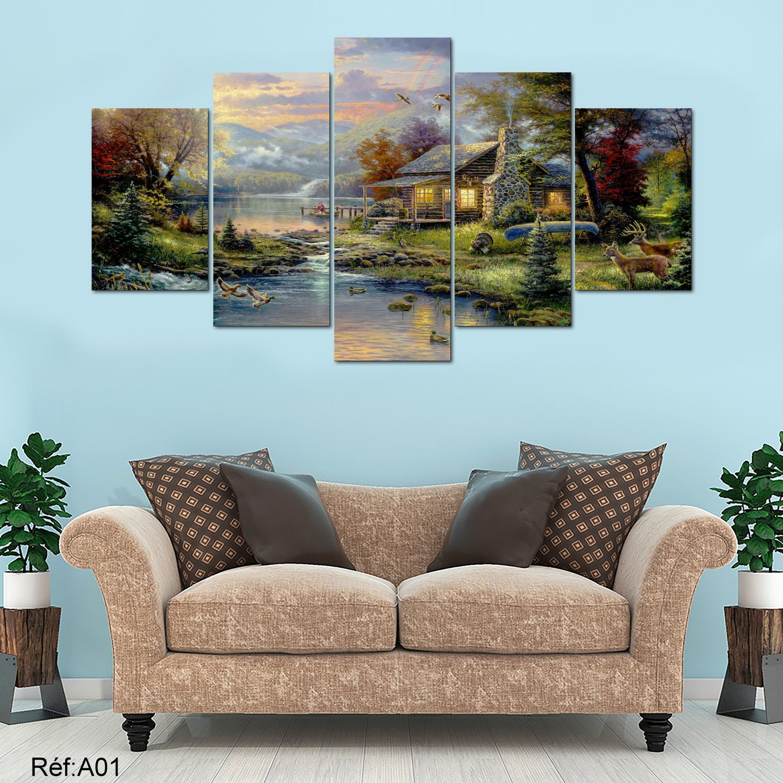 Tableau canvas 5 panneaux Cabane en forêt — cabane en rondins dans un paysage de lac et forêt avec cerfs