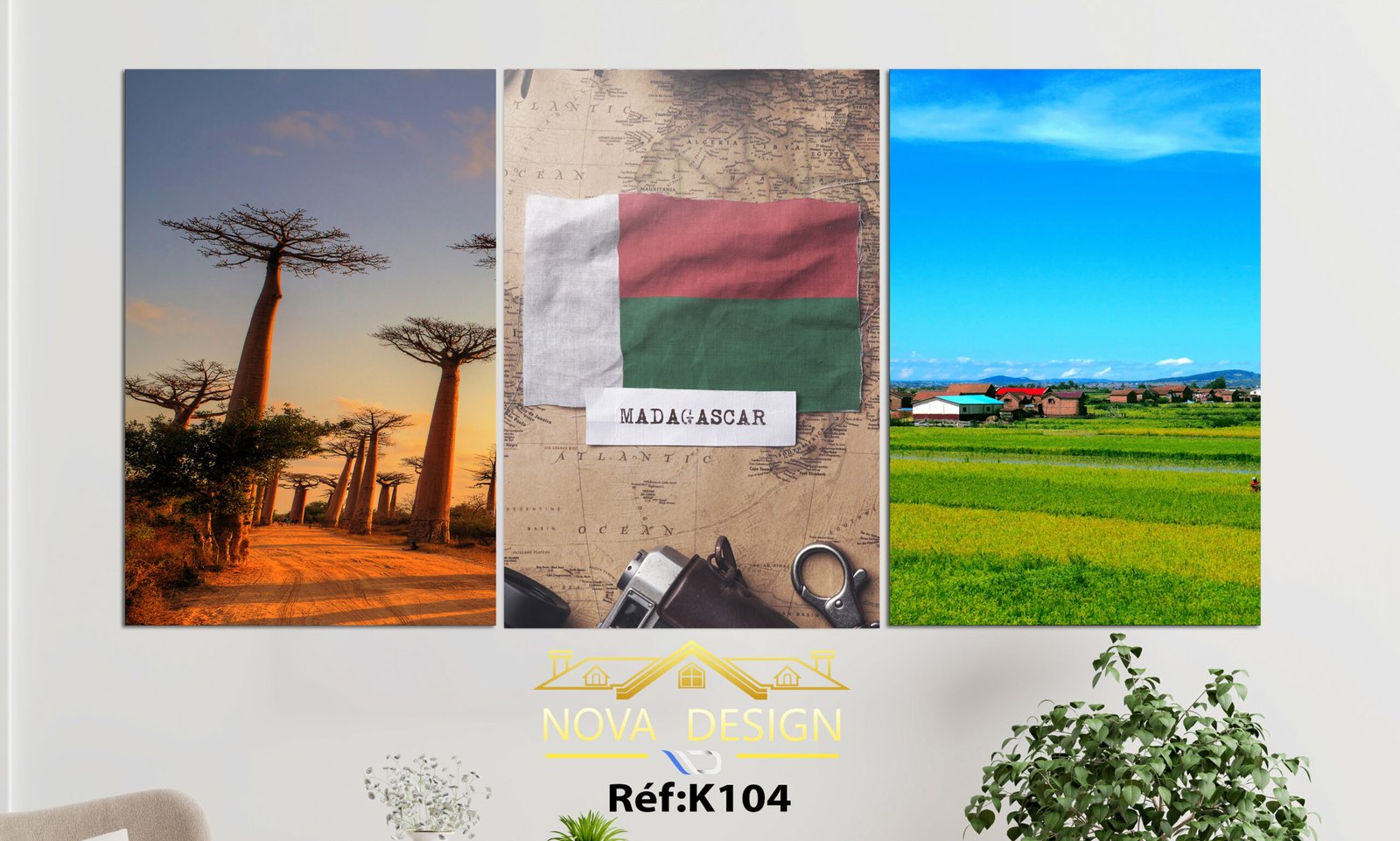 Tableau canvas 3 pièces Madagascar baobab carte drapeau — baobab, carte Madagascar, drapeau malgache, paysage rural