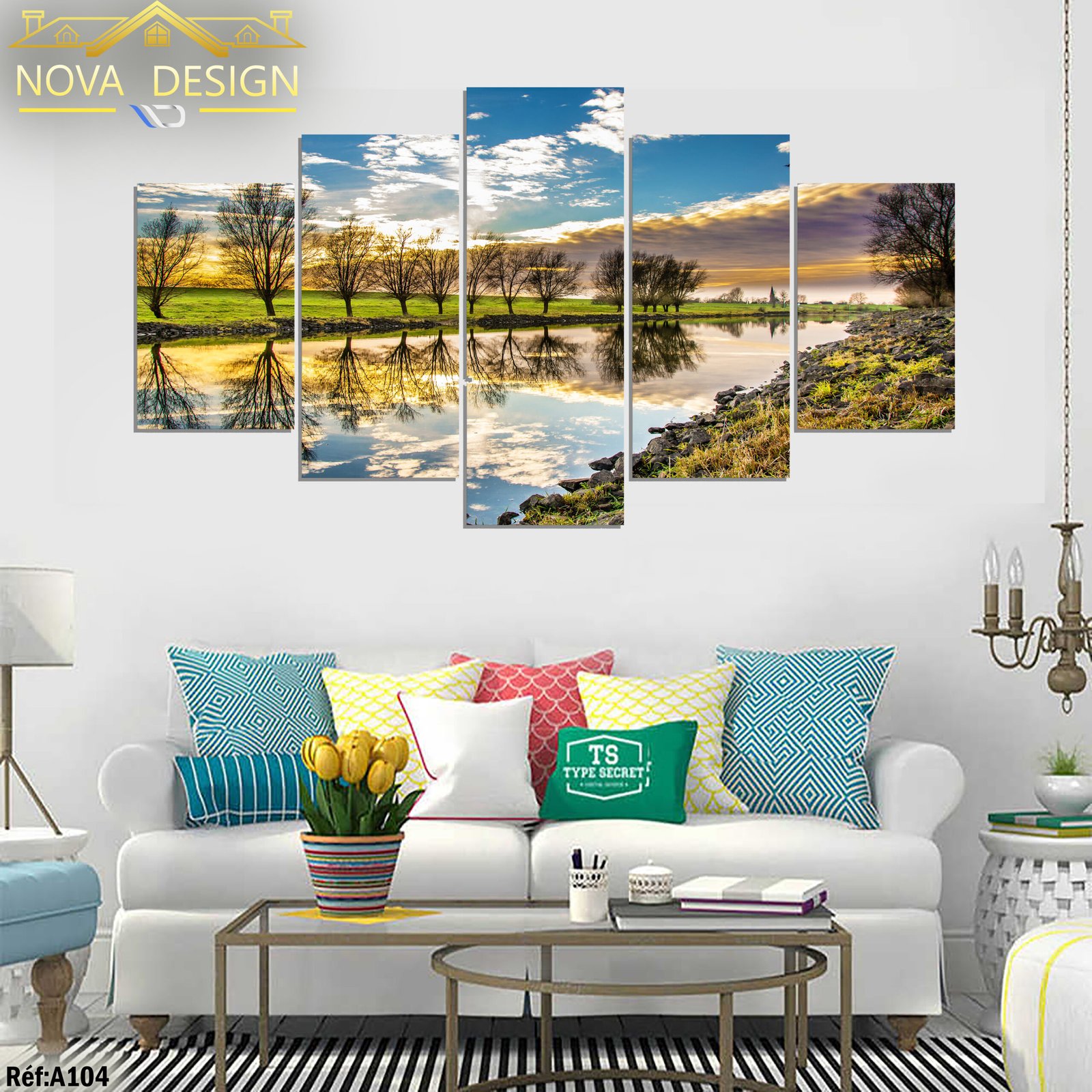 Tableau canvas 5 pièces – Rivière et arbres au coucher du soleil — rivière avec arbres et reflets