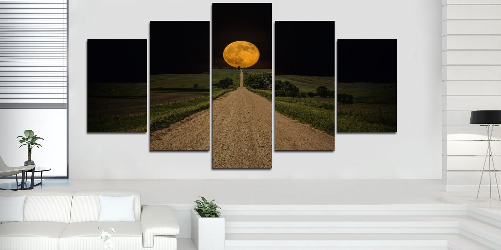 Tableau canvas 5 pièces – Pleine lune sur chemin de terre — pleine lune sur chemin de terre rural