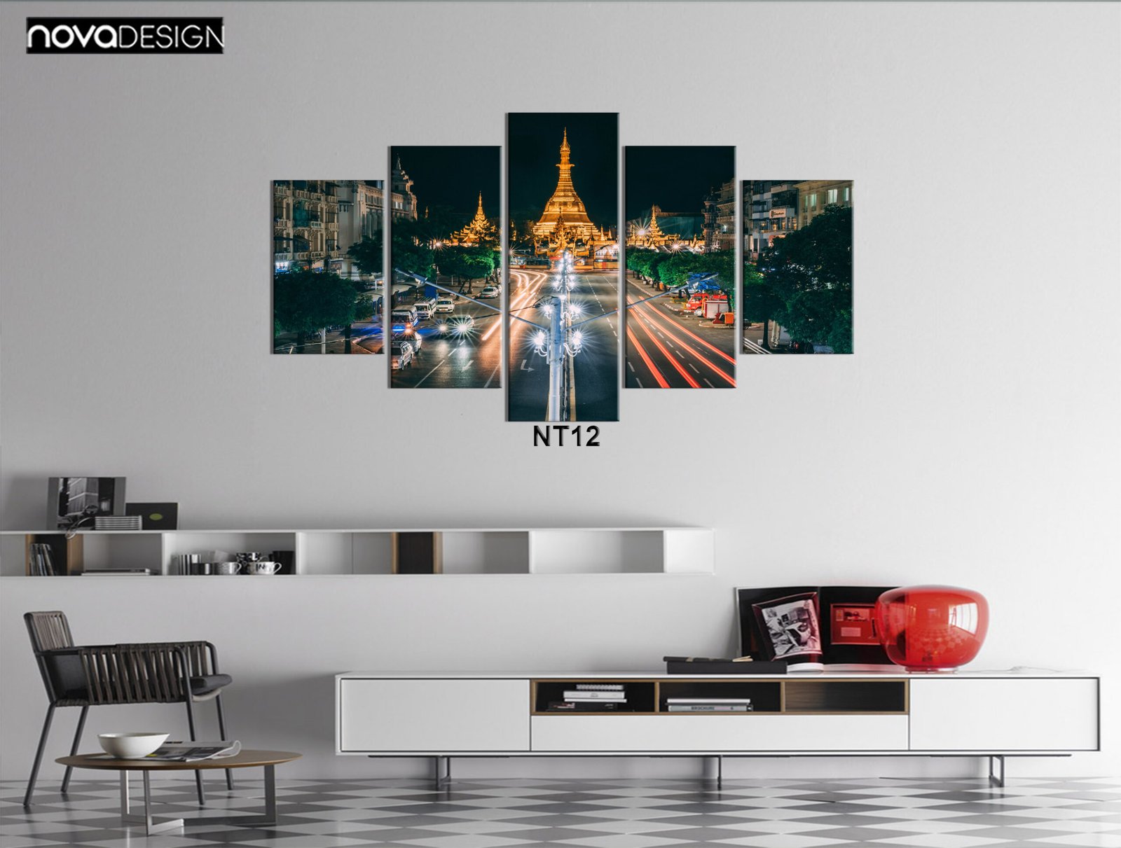 Tableau canvas 5 pièces Pagode dorée Shwedagon nuit