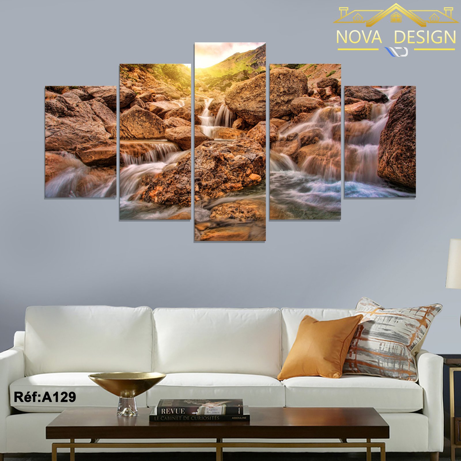 Tableau canvas 5 pièces cascade sur rochers — cascade sur rochers