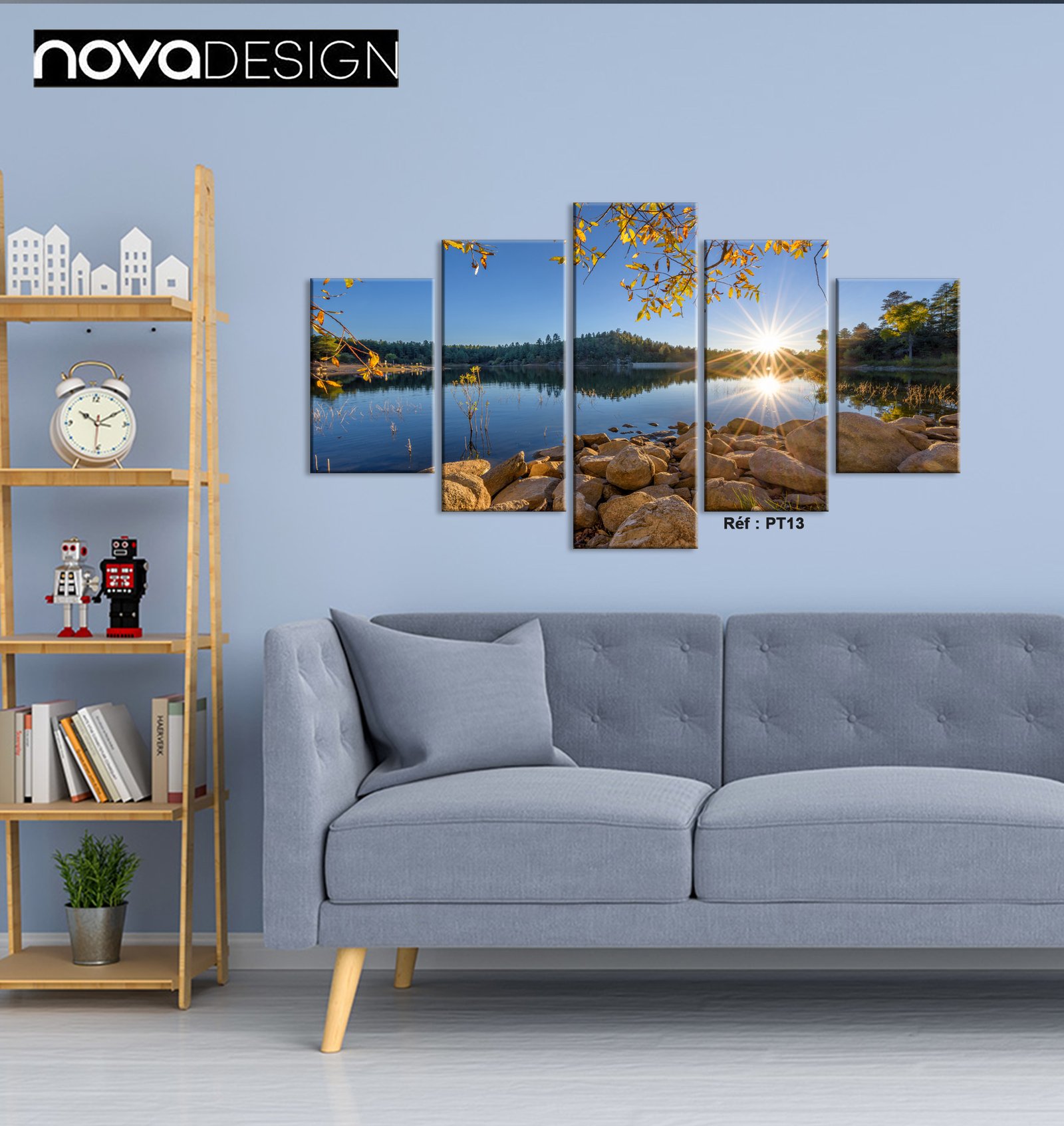 Tableau canvas 5 pièces paysage lacustre automnal