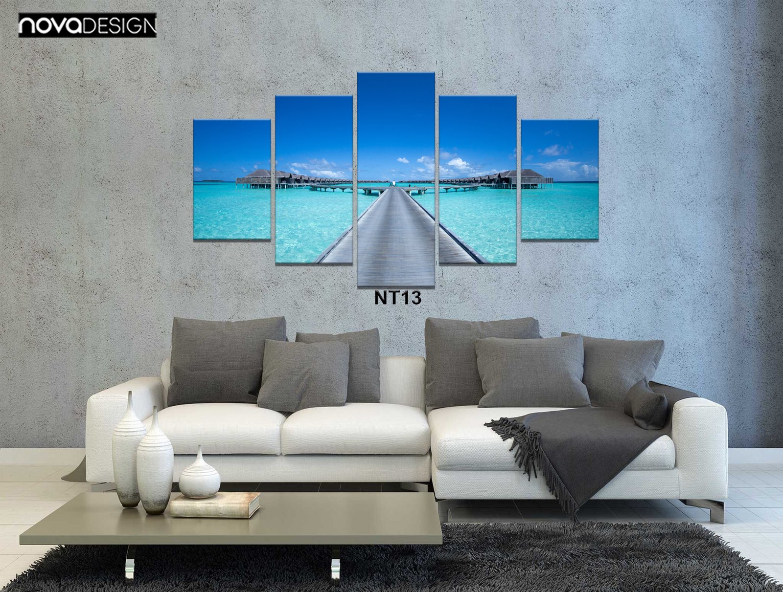 Tableau canvas 5 pièces – Jetée vers bungalows sur pilotis
