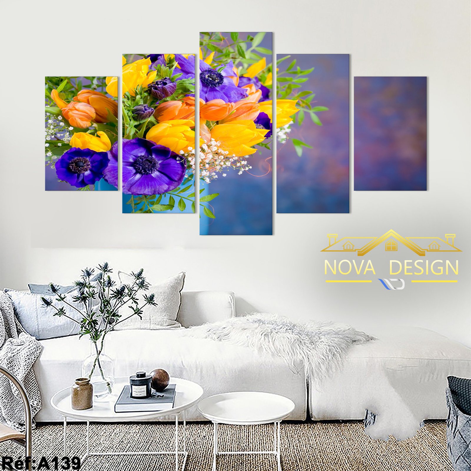Tableau canvas 5 pièces Bouquet de tulipes et anémones — bouquet de tulipes jaunes et orange et anémones violettes