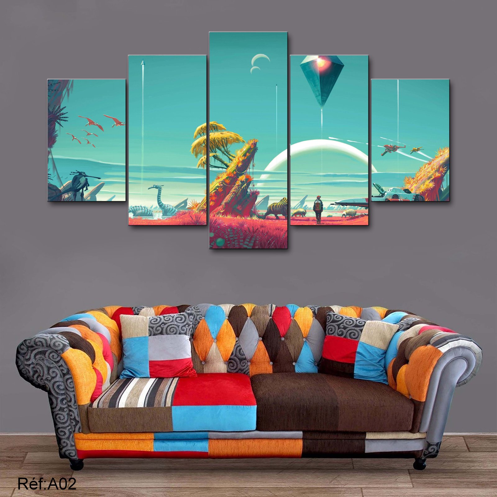 Tableau canvas 5 panneaux paysage extraterrestre — paysage extraterrestre avec dinosaures et vaisseaux