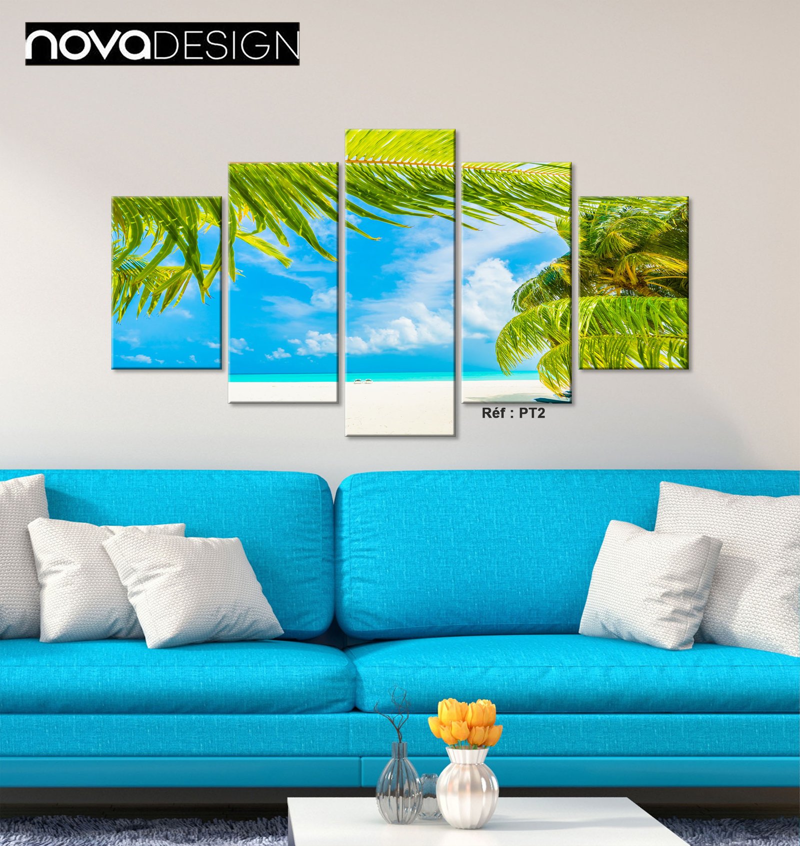 Tableau canvas 5 pièces palmiers et plage tropicale