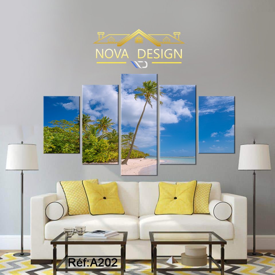 Tableau canvas palmier penché sur plage tropicale 5 pièces — palmier penché sur plage tropicale