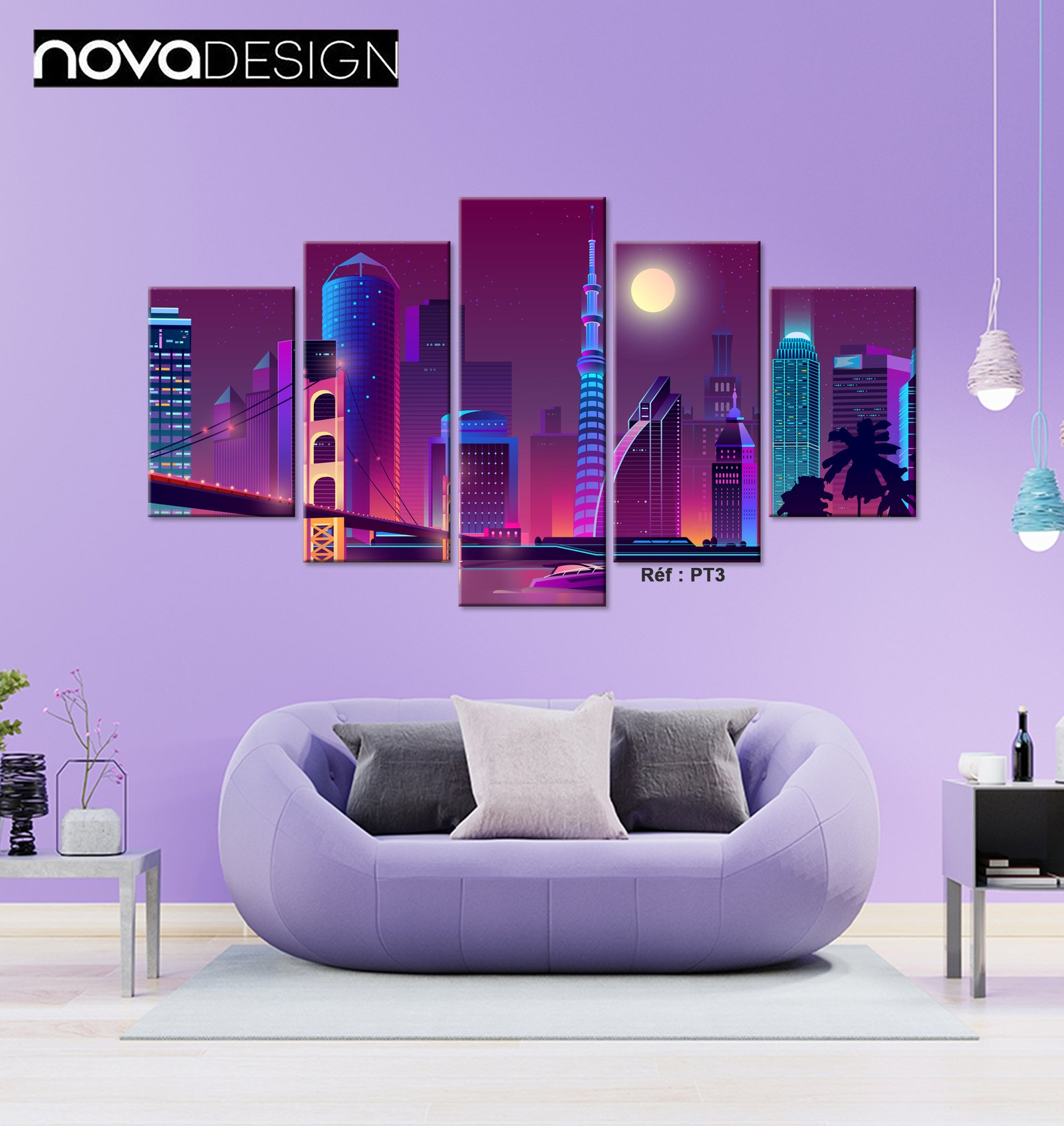 Tableau canvas 5 pièces skyline néon