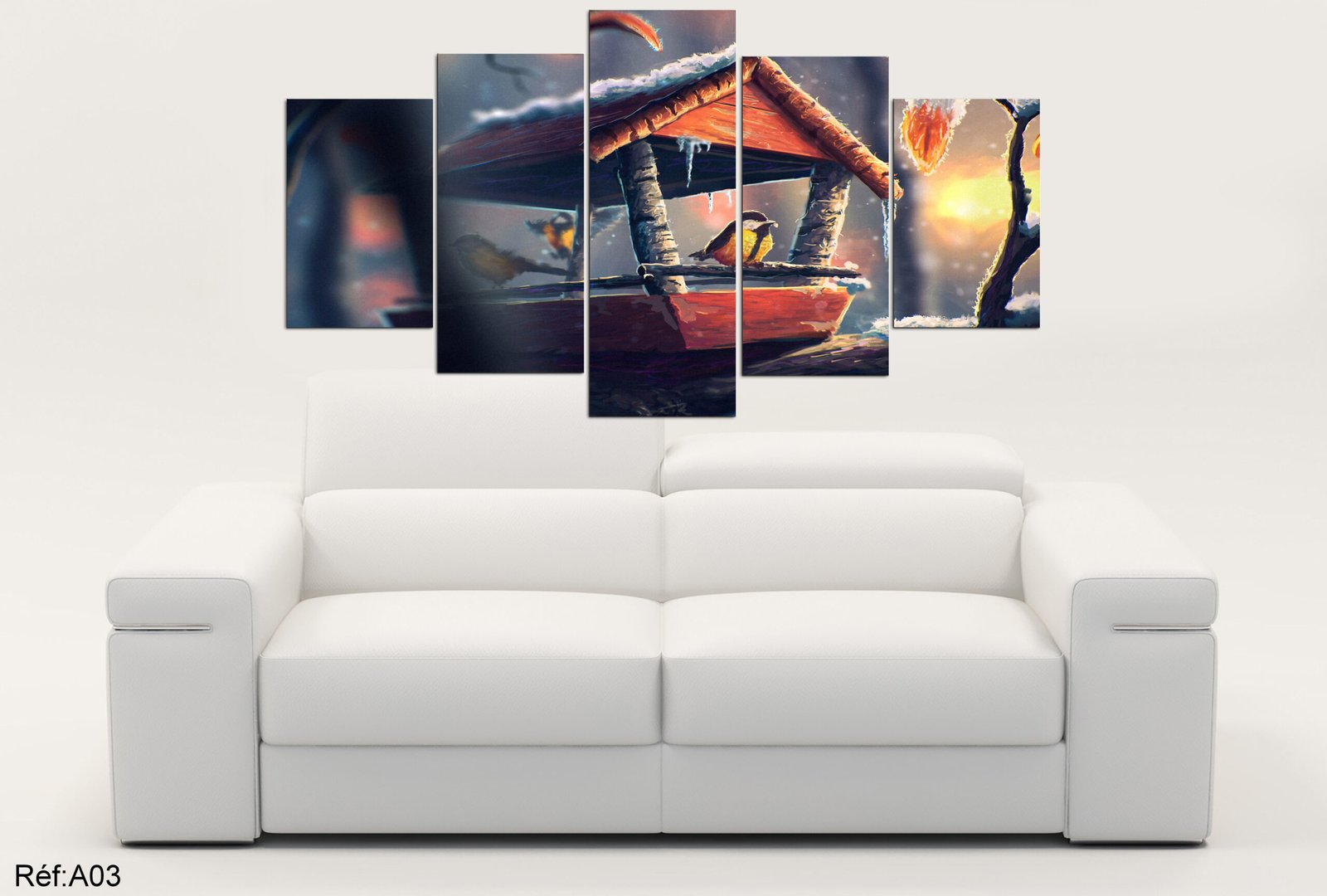 Tableau canvas 5 pièces – Mangeoire à oiseaux en hiver — mangeoire à oiseaux en bois