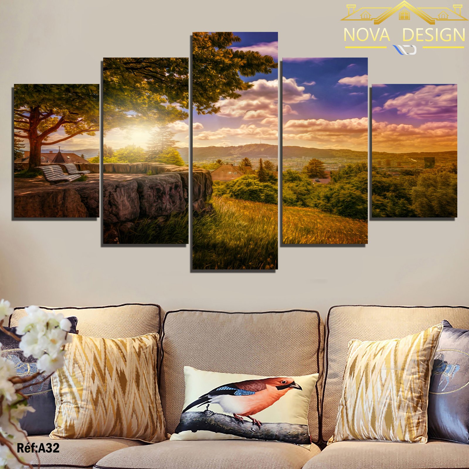 Tableau canvas panoramique 5 pièces campagne vallée — paysage panoramique de campagne avec arbres, collines et ciel
