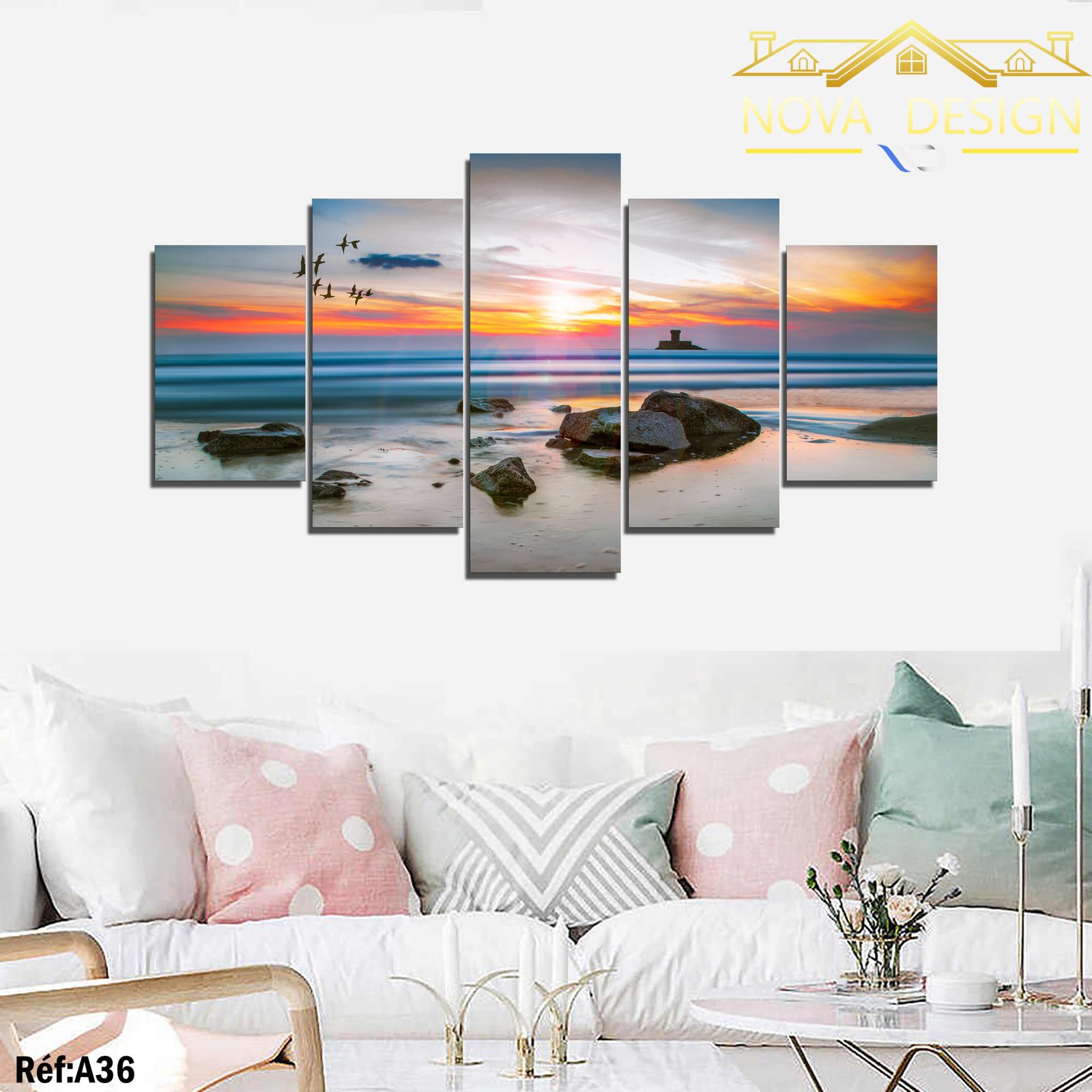 Tableau canvas 5 pièces coucher de soleil sur la plage — coucher de soleil sur la plage