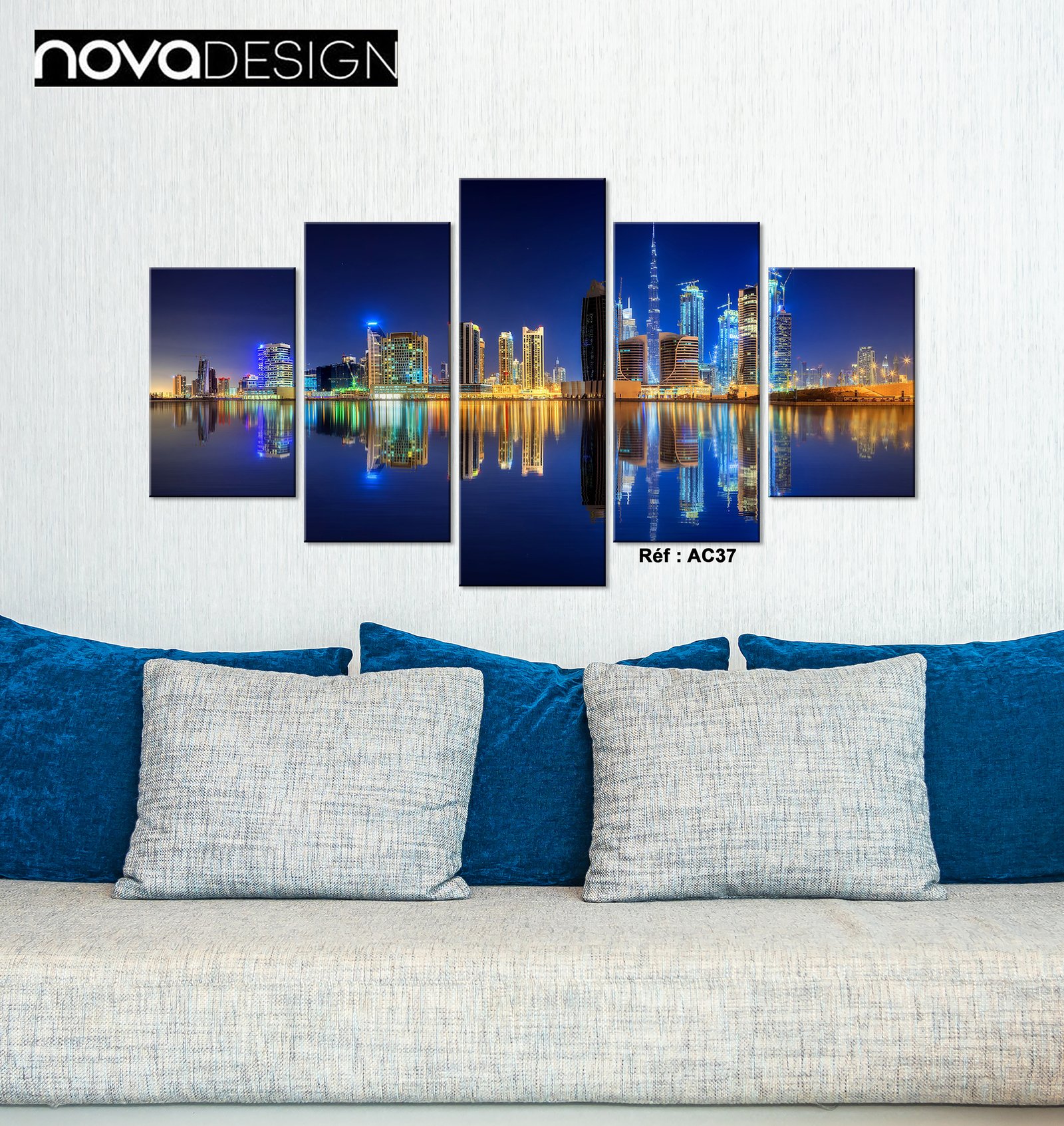 Tableau canvas 5 pièces skyline nocturne bleu et jaune