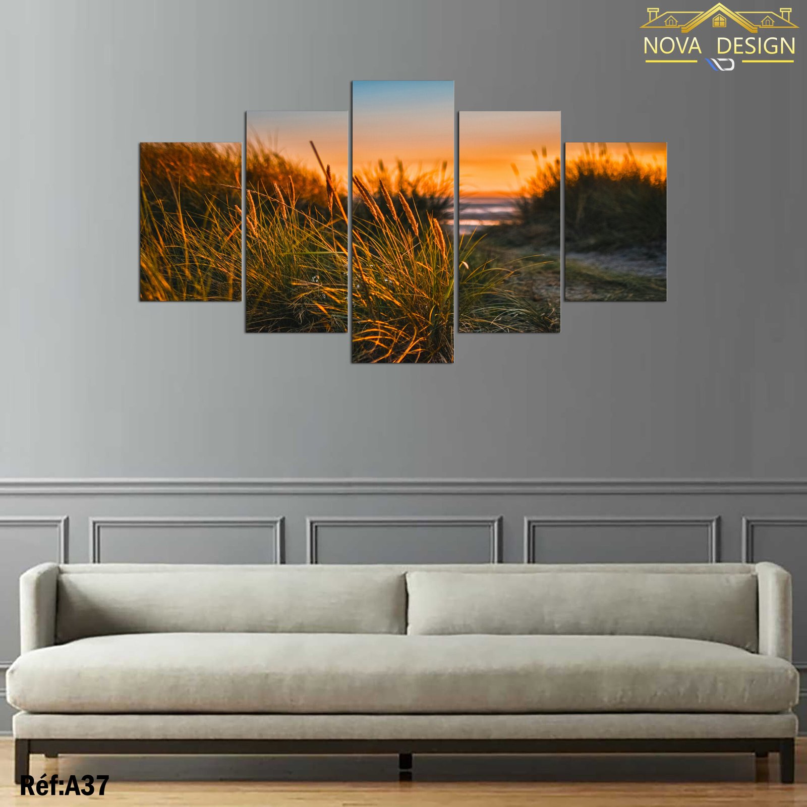 Tableau canvas 5 pièces - Herbes de plage dorées — herbes de plage