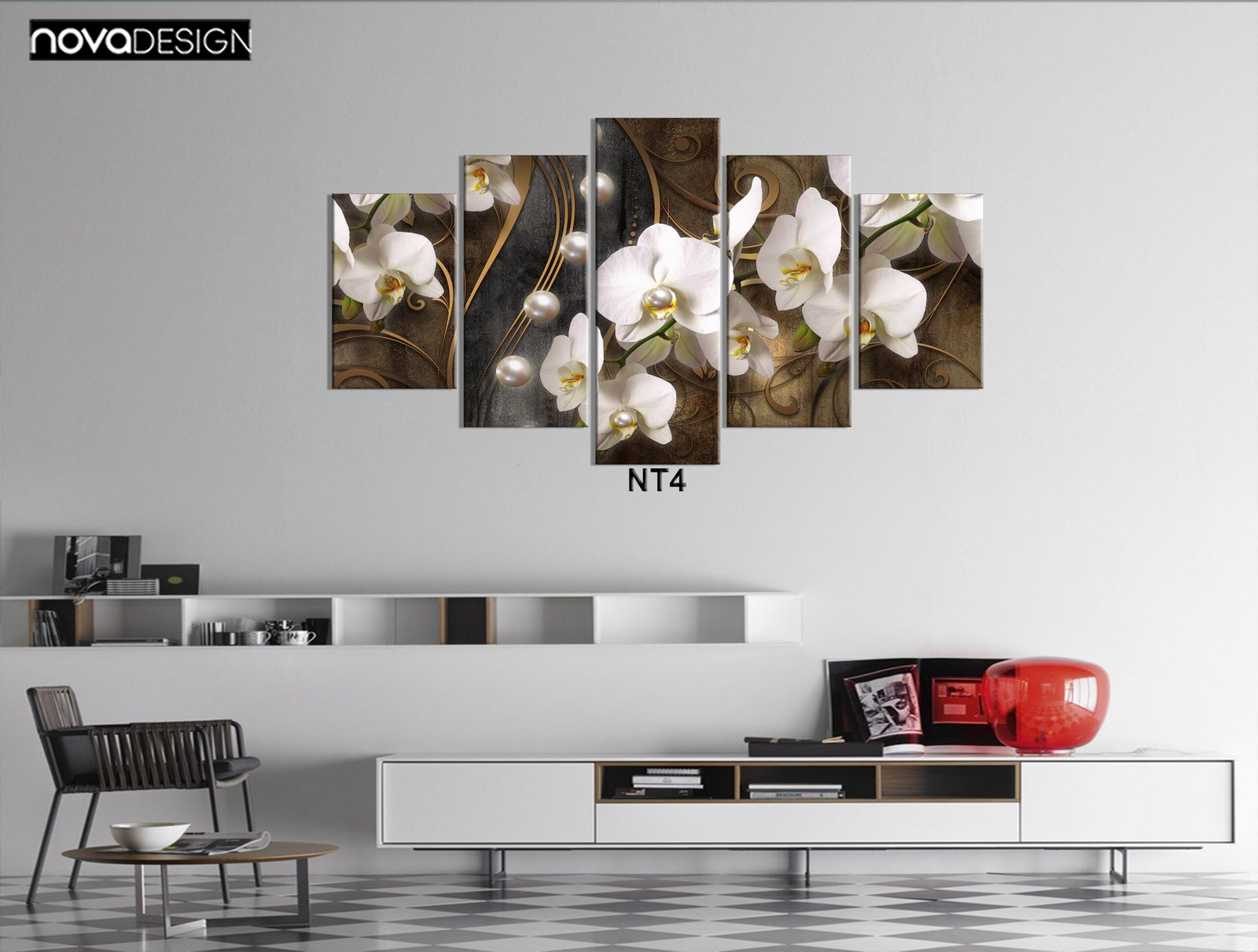 Tableau canvas 5 pièces orchidées blanches et or