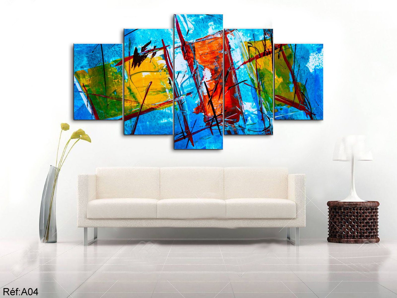 Tableau canvas 5 pièces abstrait géométrique bleu jaune vert orange rouge noir — composition géométrique abstraite