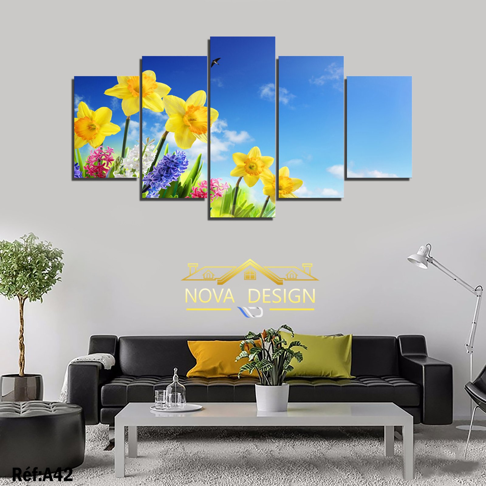 Tableau canvas 5 pièces - Jonquilles jaunes et ciel bleu — jonquilles jaunes