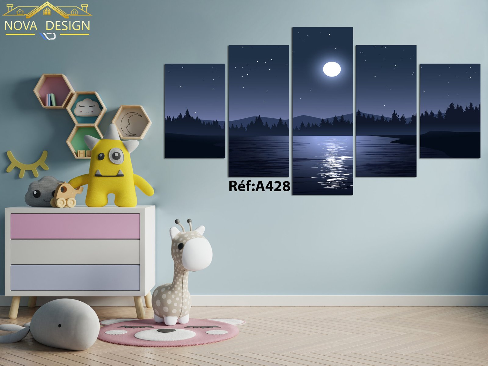 Tableau canvas 5 pièces – Clair de lune sur le lac — clair de lune sur le lac
