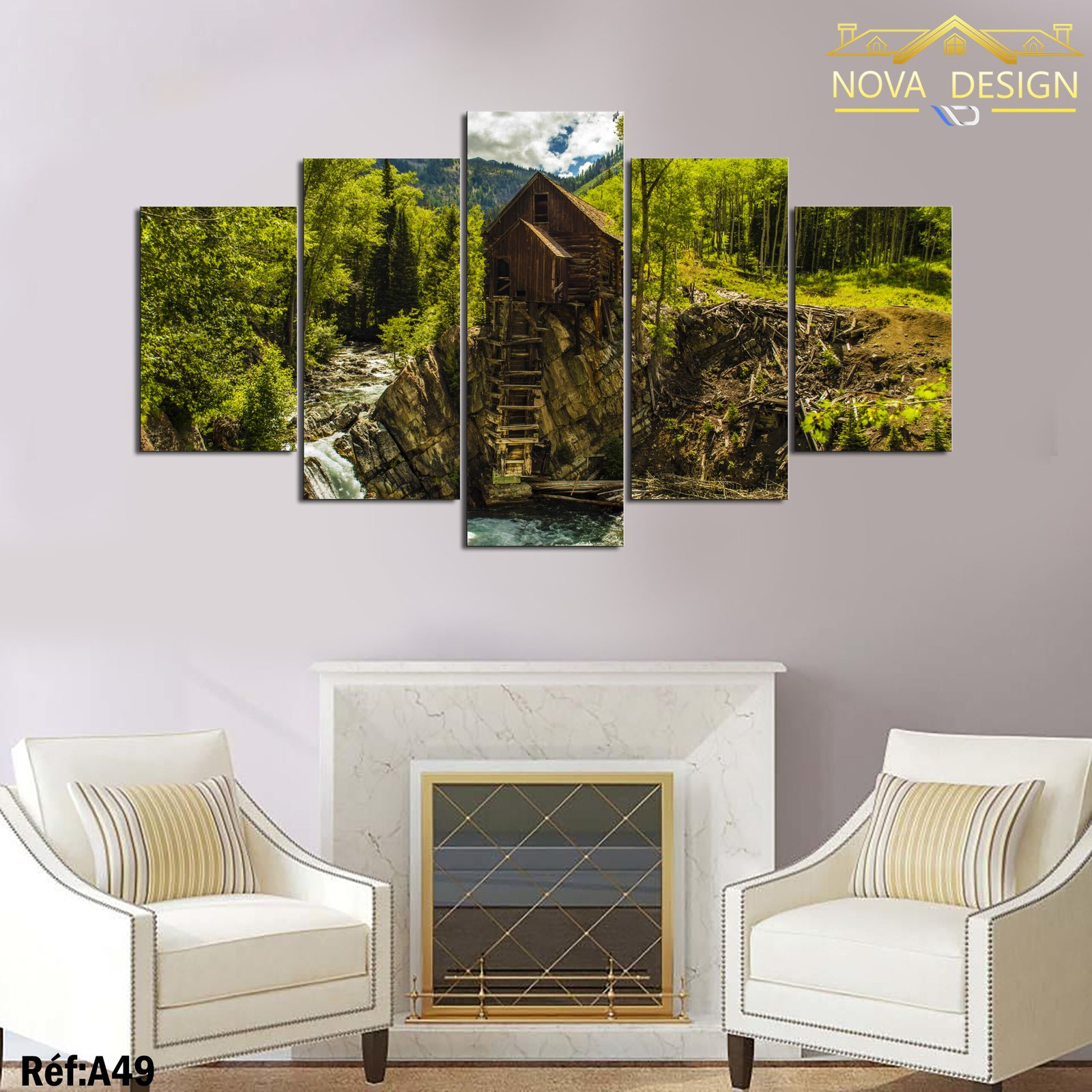 Tableau canvas 5 pièces Moulin en bois dans la forêt — moulin en bois
