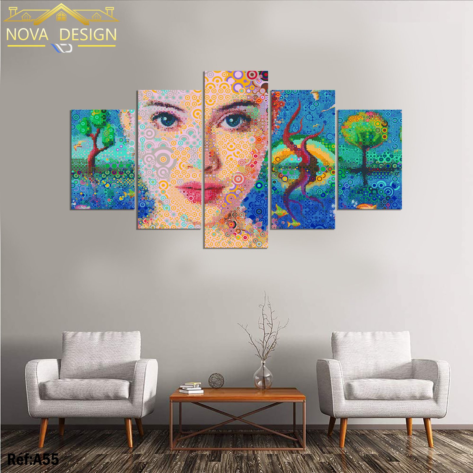 Tableau canvas 5 pièces portrait femme art mandala — portrait de femme
