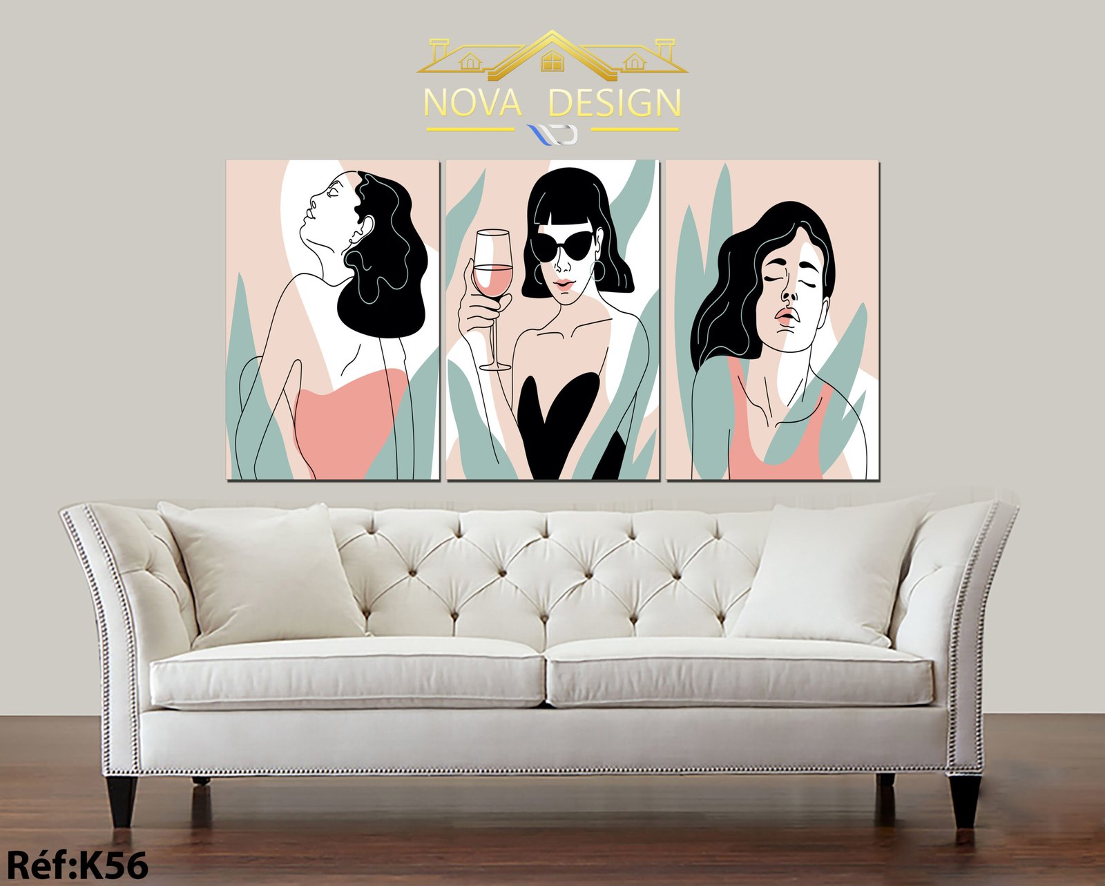Tableau canvas 3 pièces femmes stylisées — trois femmes stylisées en line art