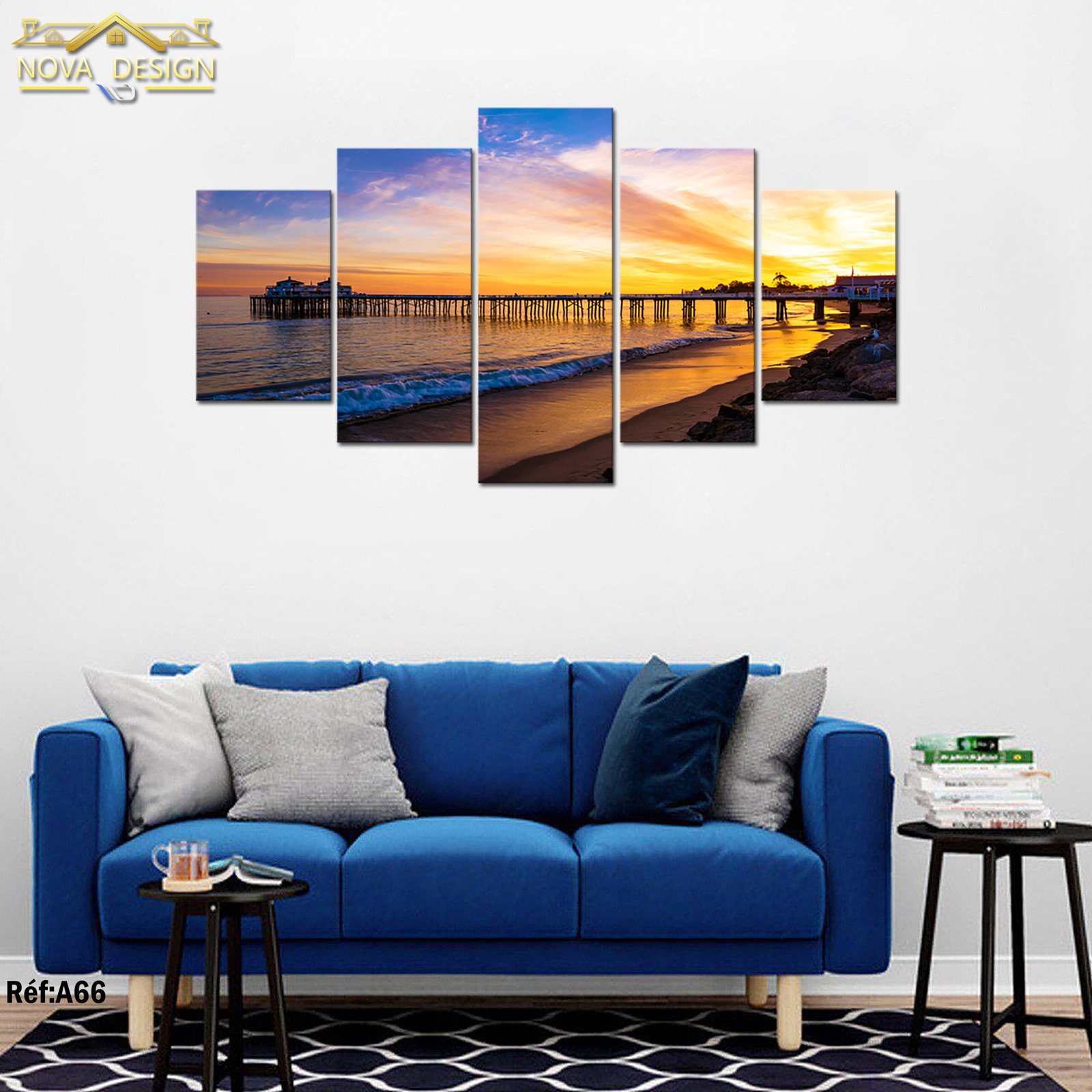 Tableau canvas 5 pièces – Jetée au coucher du soleil — jetée en bois sur l'océan au coucher du soleil