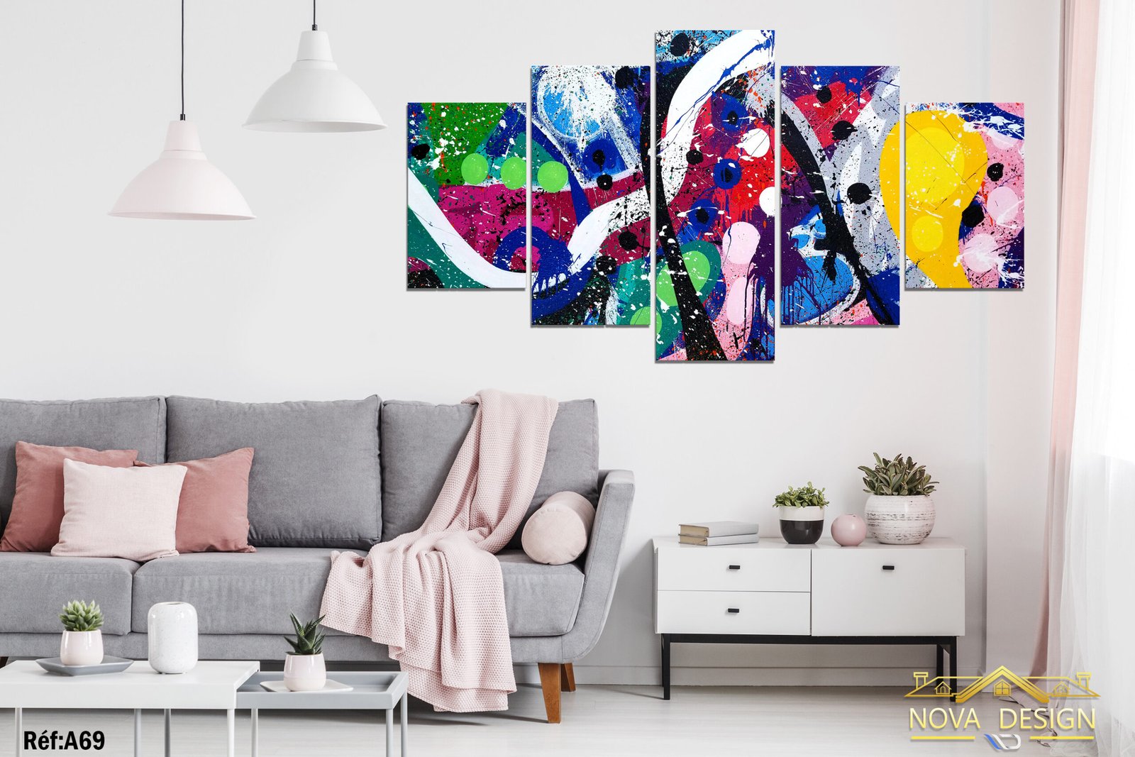 Tableau canvas abstrait 5 panneaux — composition abstraite