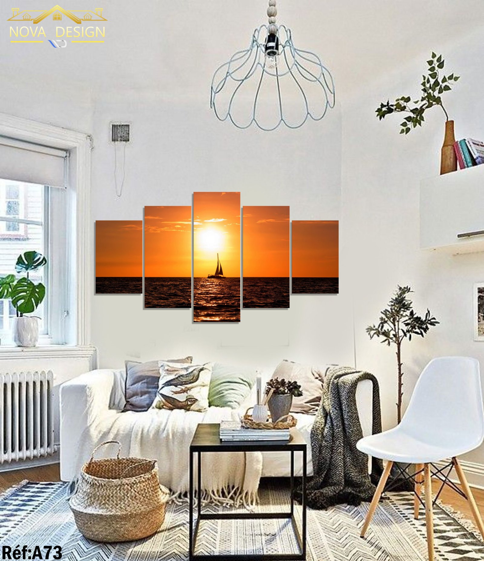 Tableau canvas 5 pièces - Coucher de soleil sur l'océan avec voilier — coucher de soleil sur l'océan avec voilier