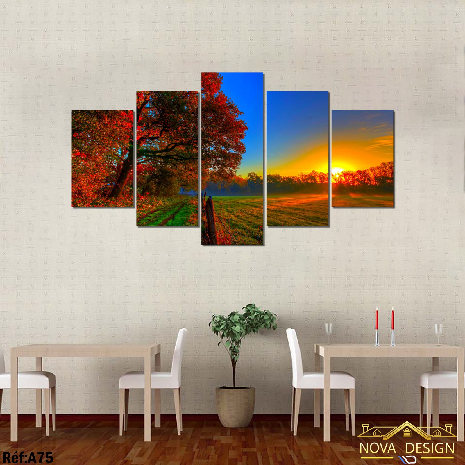 Tableau canvas 5 pièces – Arbre d'automne et lever de soleil — arbre d'automne et lever de soleil
