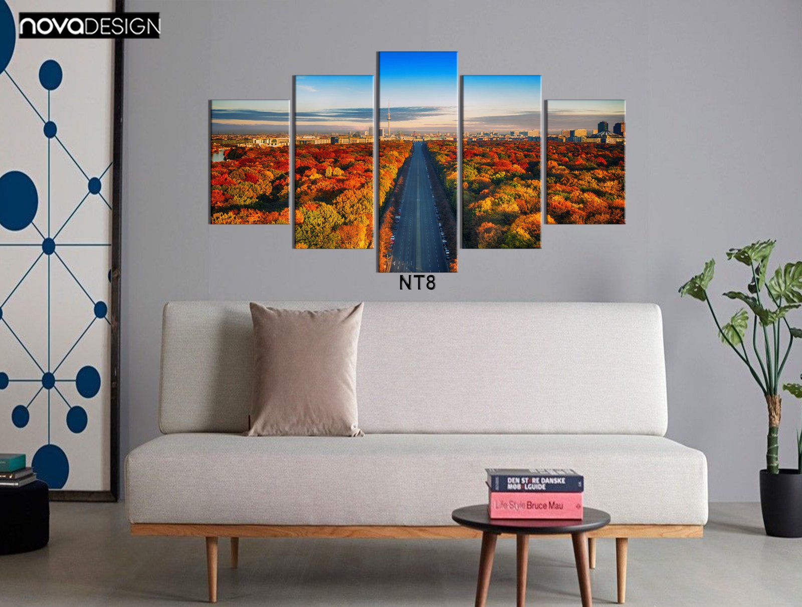 Tableau canvas 5 pièces Allée d'automne avec tour TV