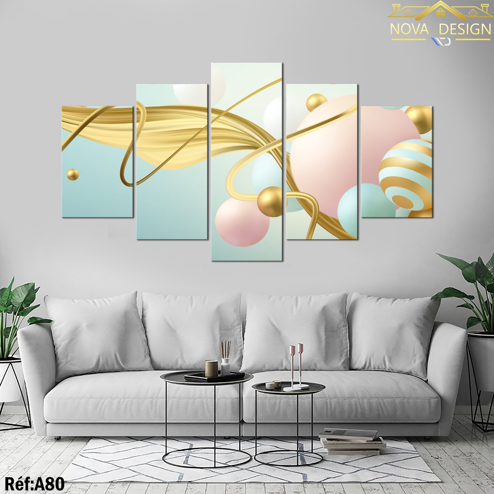 Tableau canvas abstrait 5 panneaux or et rose — sphères abstraites et rubans dorés