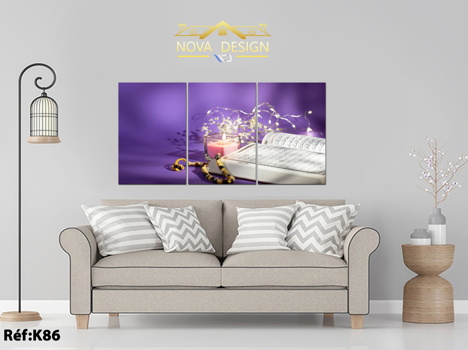 Tableau canvas 3 pièces livre ouvert, bougie et guirlande lumineuse — livre ouvert avec calligraphie arabe, bougie allumée et guirlande lumineuse