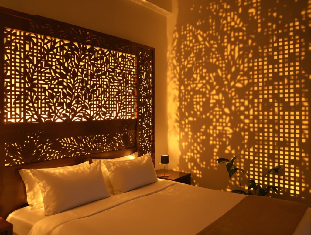 Chambre de boutique-hôtel : tête de lit sculptée et claustra en bois rétroéclairé
